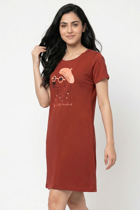 Zivame Farm Lore Knit Cotton Knee Length Nightdress With In Built Slip On Bra - Burnt Brick — image 3